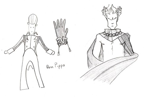 Don Pippo costume sketch for L'Oca del Cairo and Lucio Silla costume sketch.